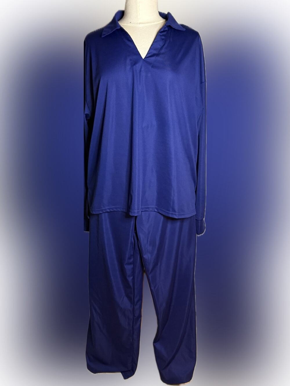 Relaxed Collar Long Sleeve Pajama Set in Deep Blue